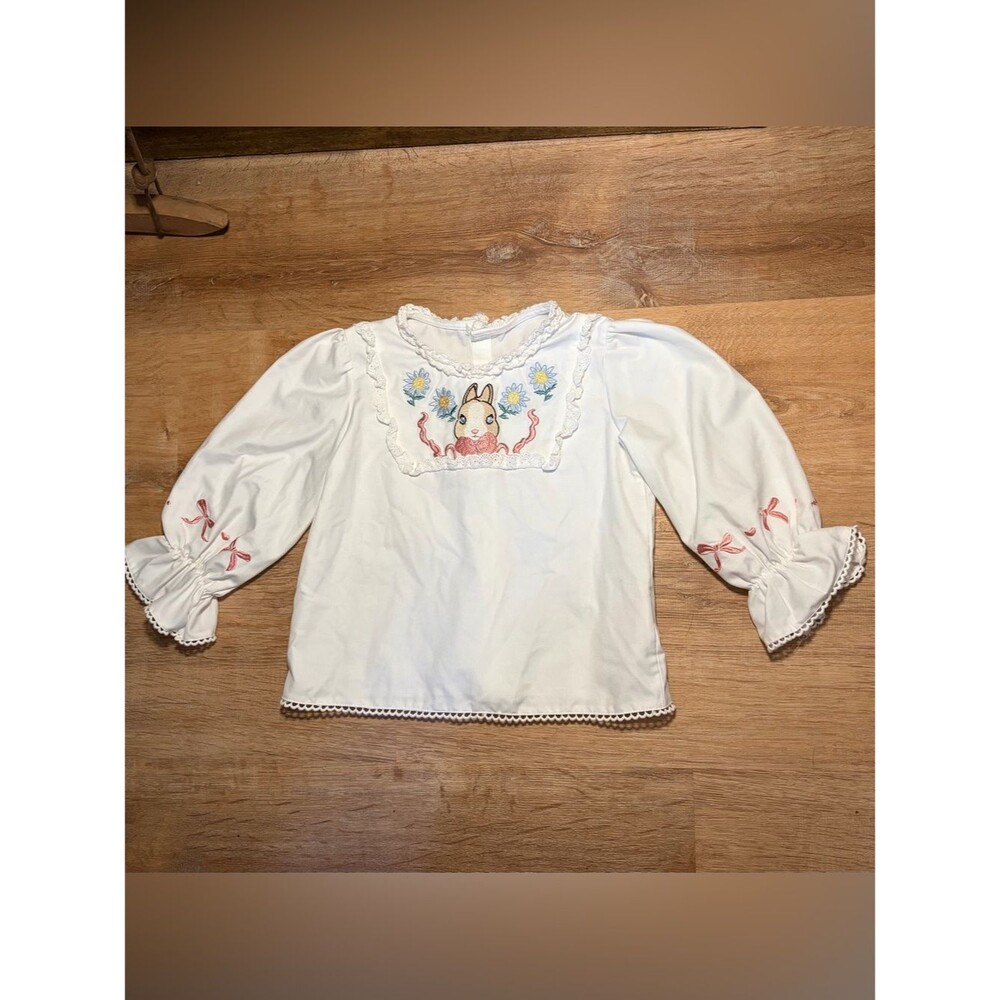 Girls White Ruffle Sleeve Cottong Embroidered Bunny Top